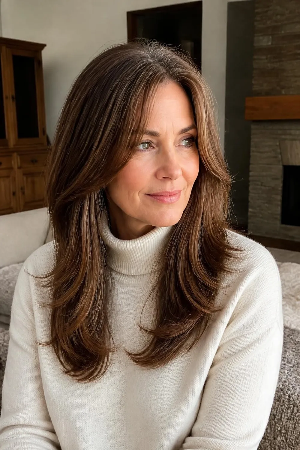 Long layered hair with soft highlights blending natural gray roots for a woman over 50