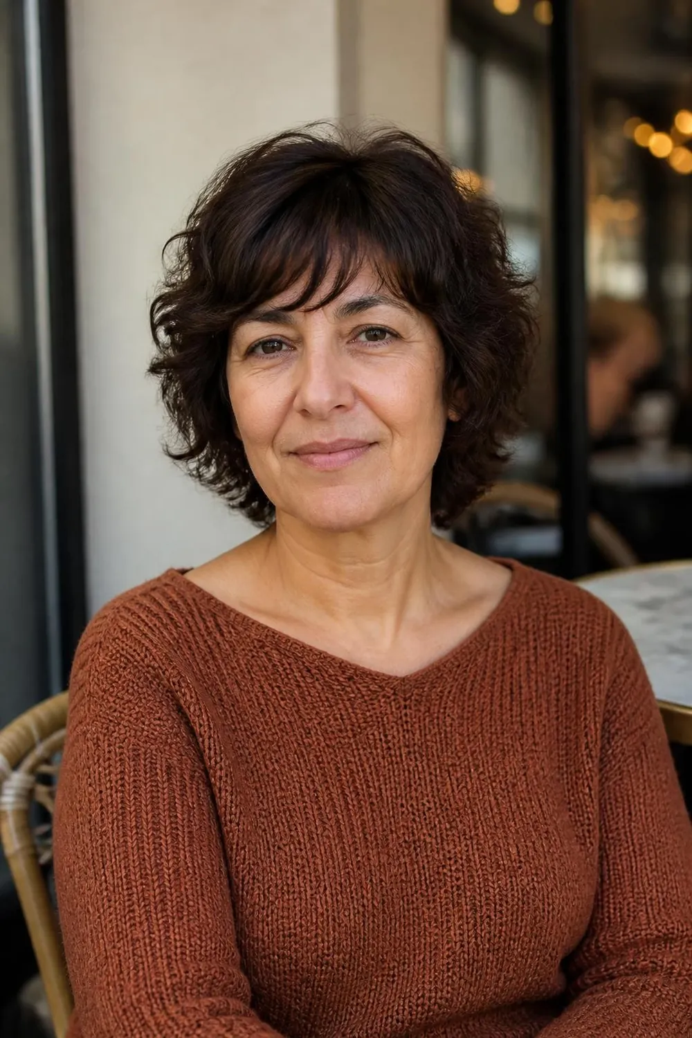 Short wavy shag with brow-length bangs on 2C to 3A hair for a woman over 50
