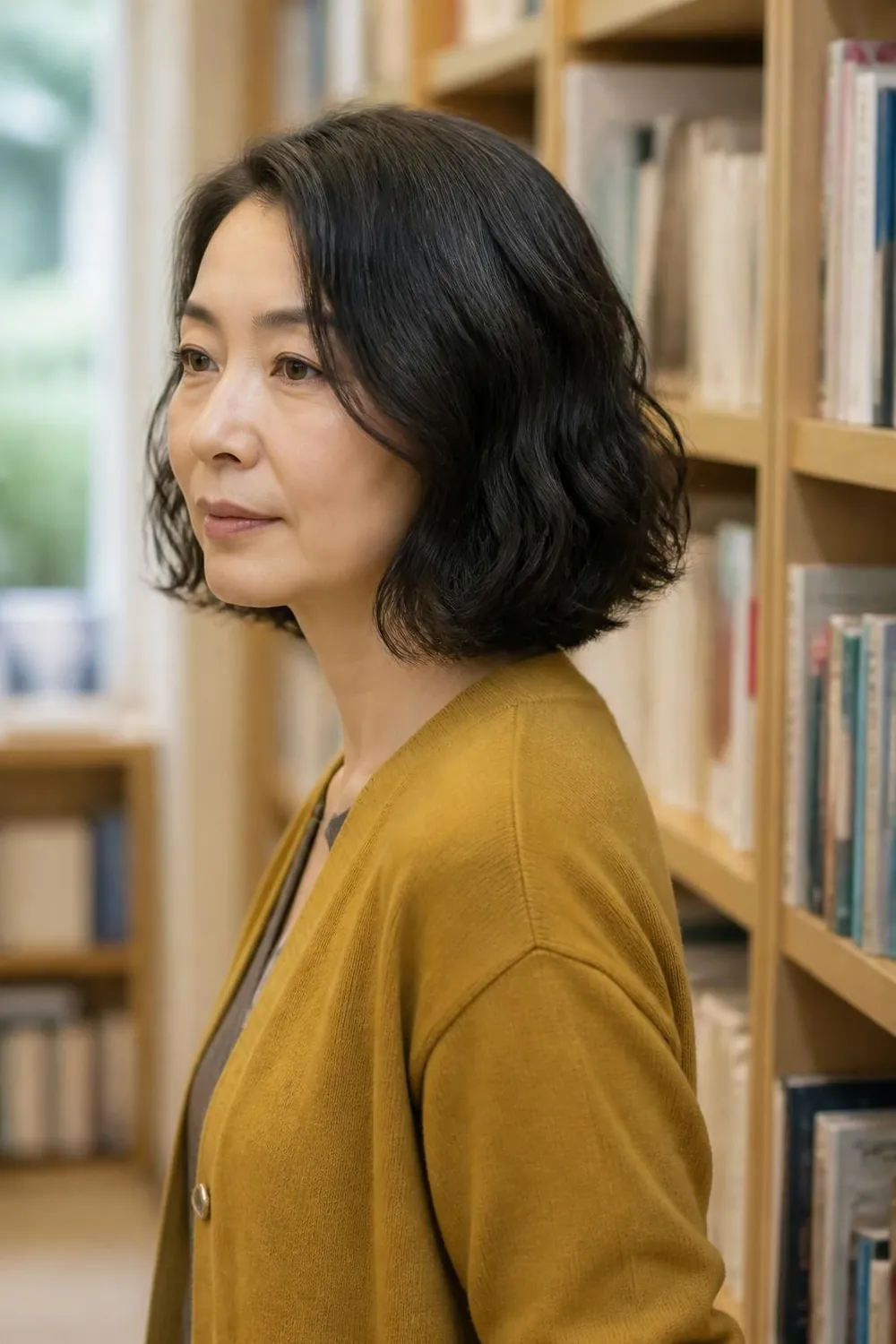 Chin-length wavy bob with a side part on a woman over 50 with 2C waves