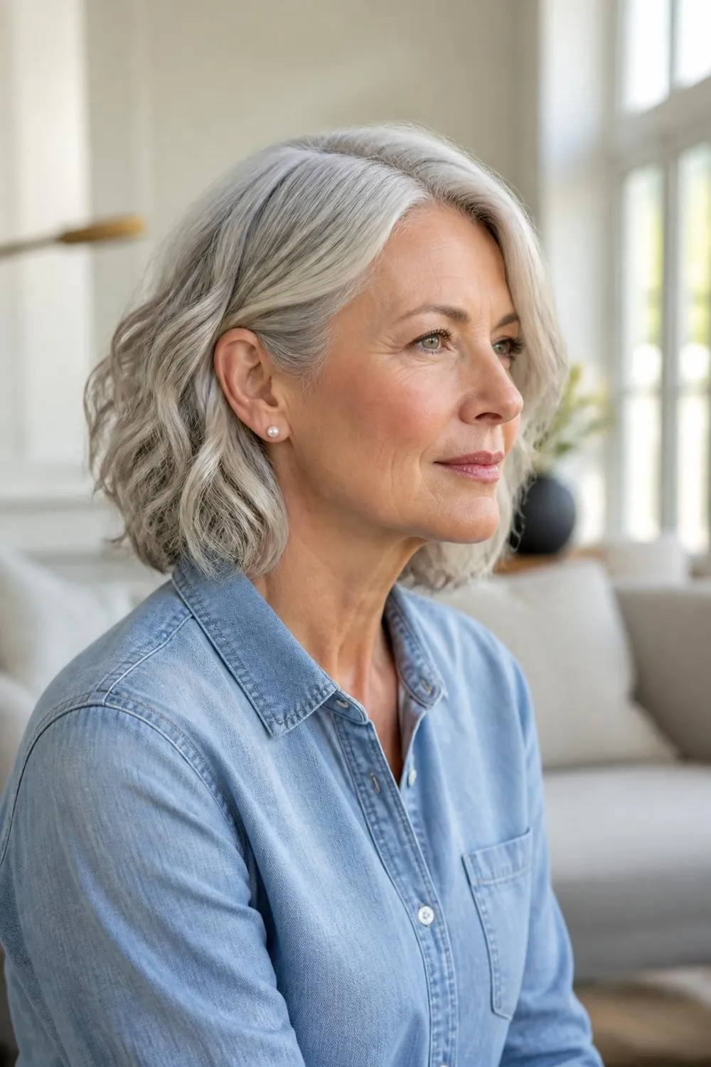 Silver wavy bob with one side tucked behind the ear on a woman in her 50s