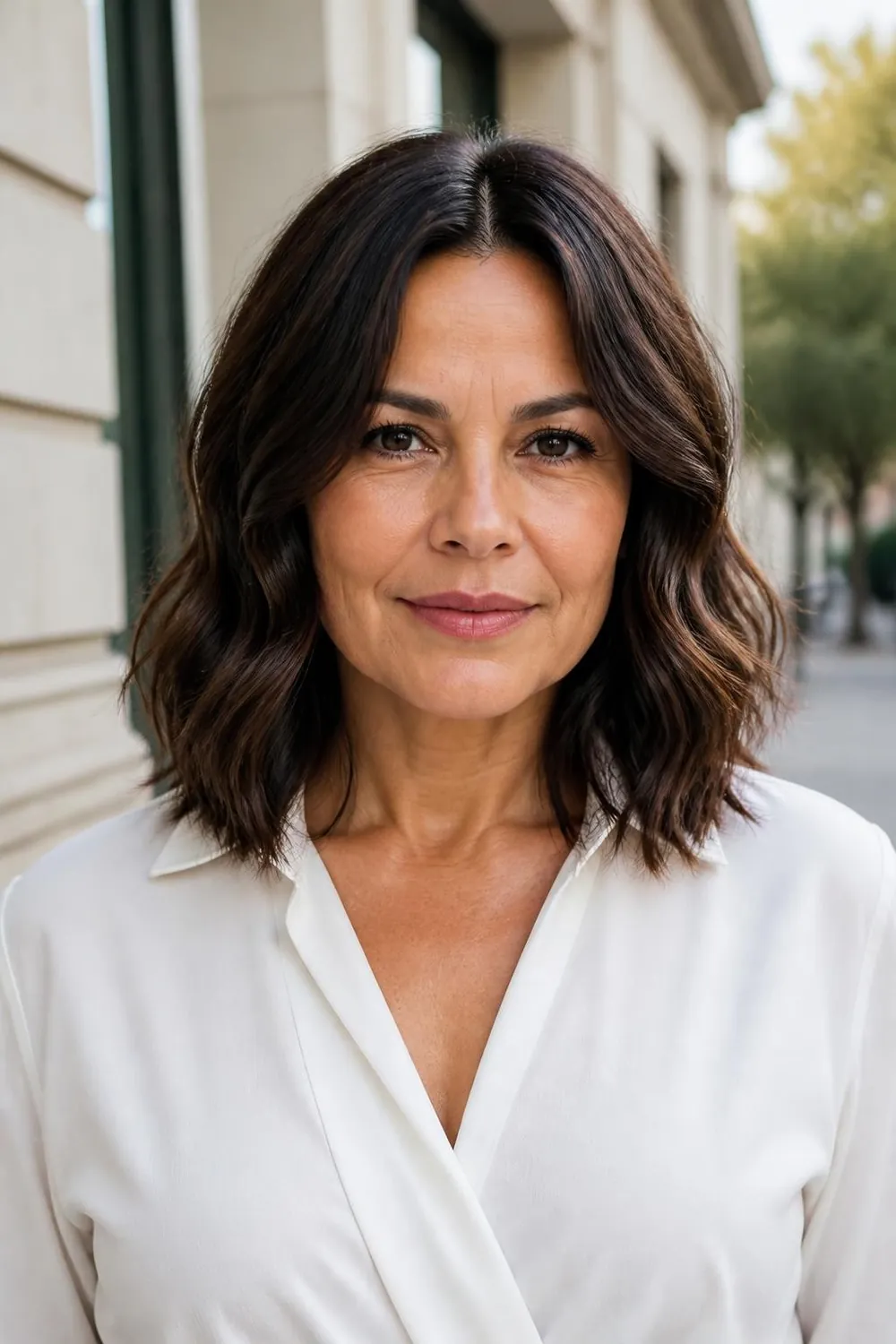 Wavy lob with a soft middle part grazing the collarbone on a woman over 50