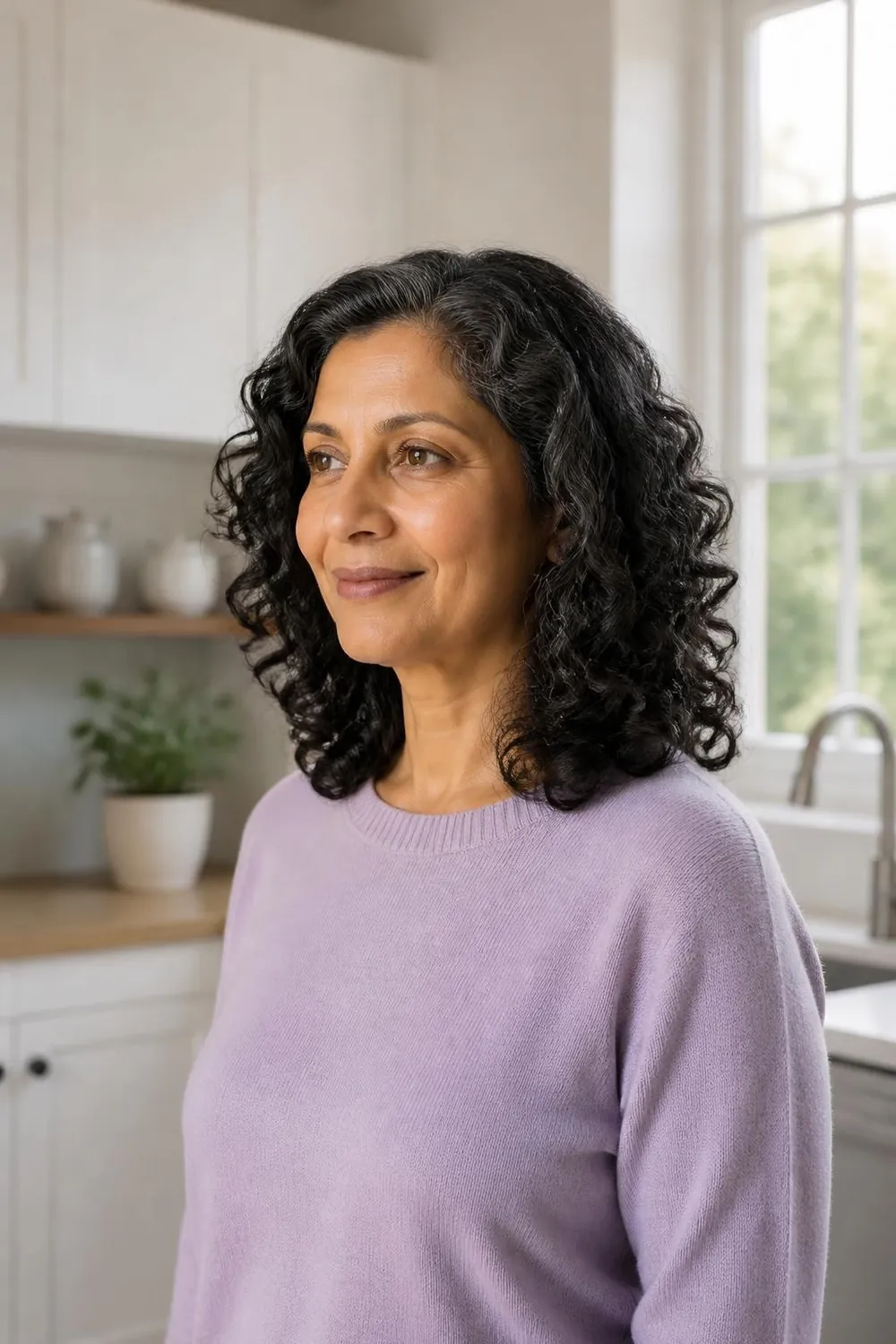 Shoulder-length layered cut for fine 3A curls on a woman in her 50s