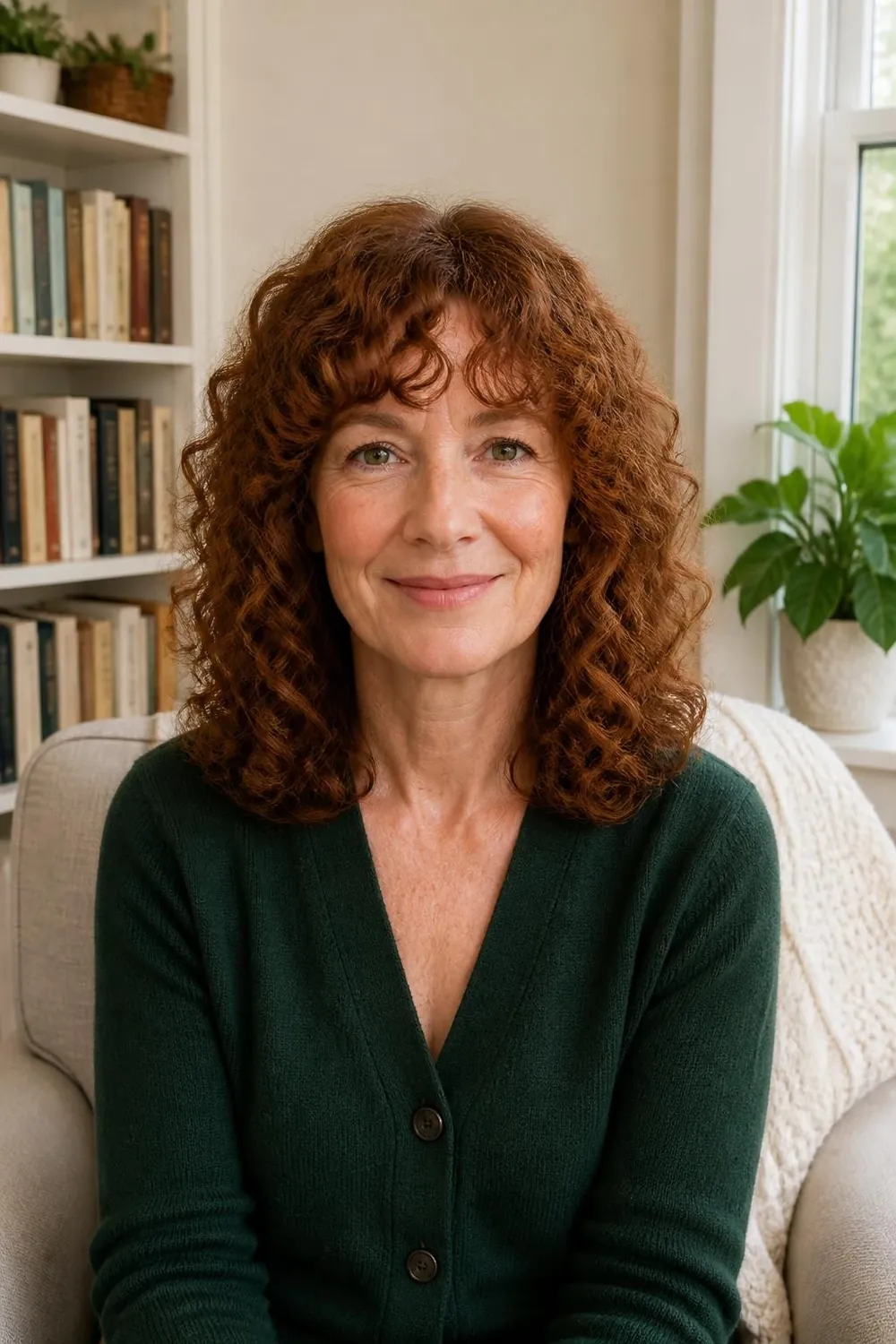 Mid-length curly cut with curtain bangs on 3A curls for a woman over 50