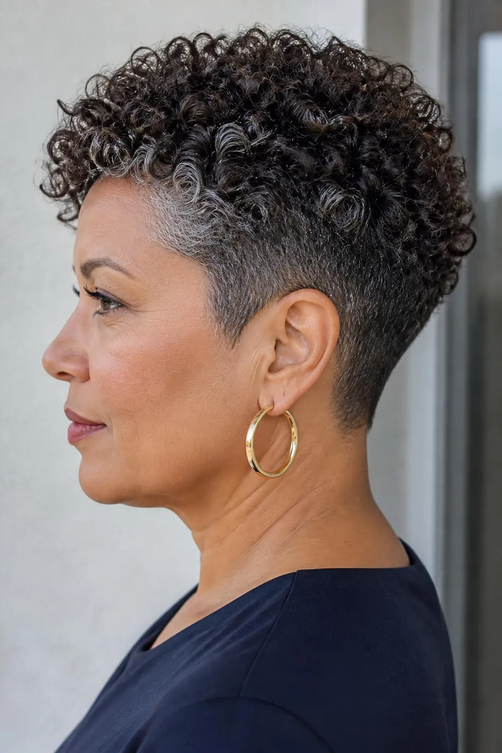 Curly pixie with a tapered nape on 3B curls for a woman over 50