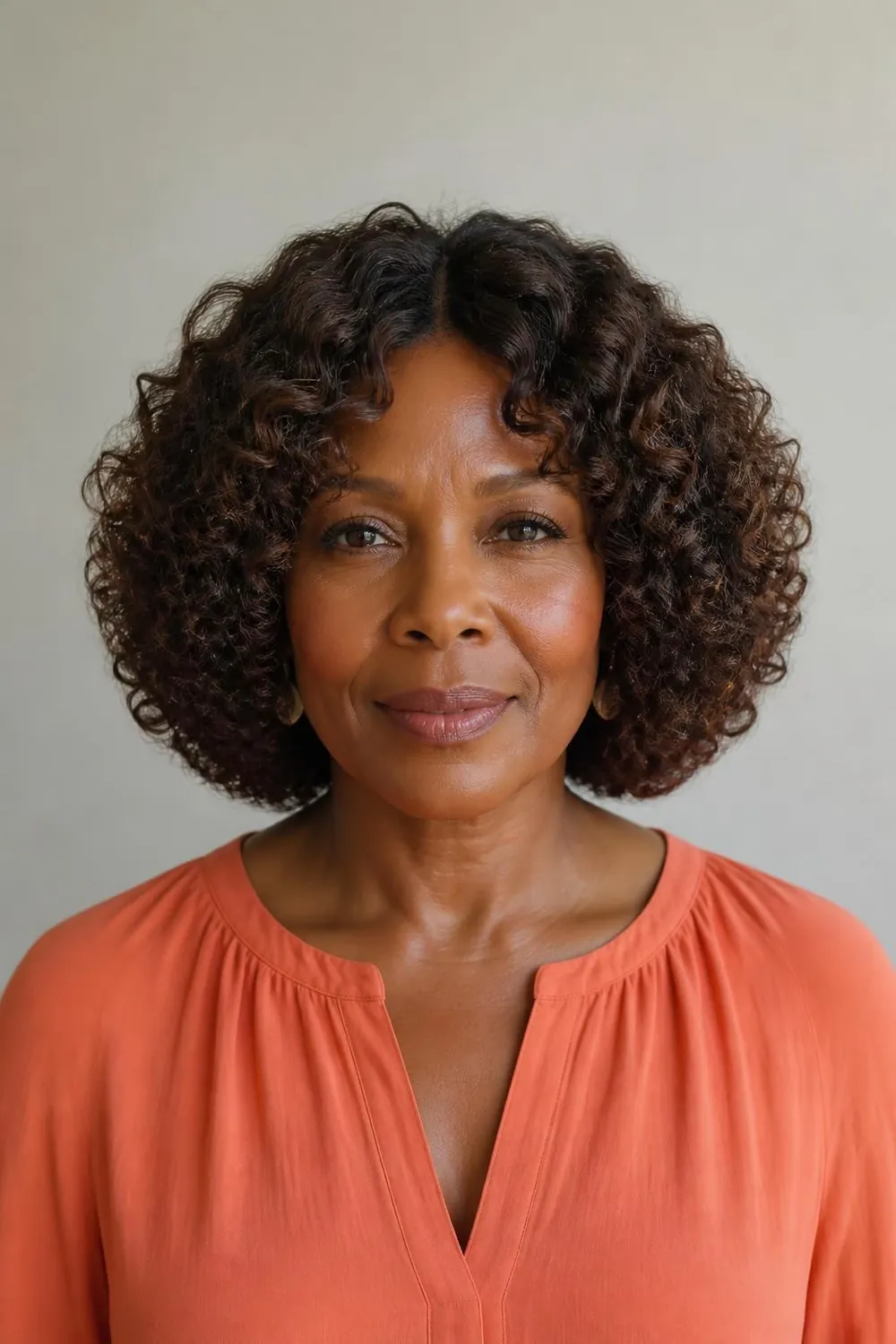 Globe-shaped curly bob with rounded layers on 3B curls for a woman in her 50s