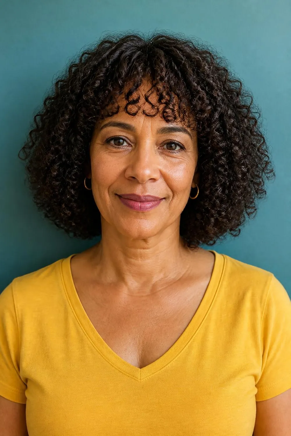 Chin-length curly bob with springy curly bangs on 3C hair for a woman over 50