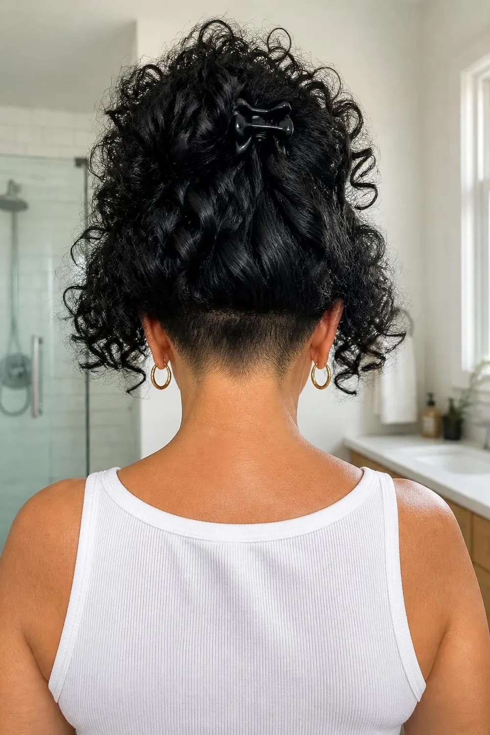 Thick curly bob with a hidden shaved nape undercut on a woman in her 50s