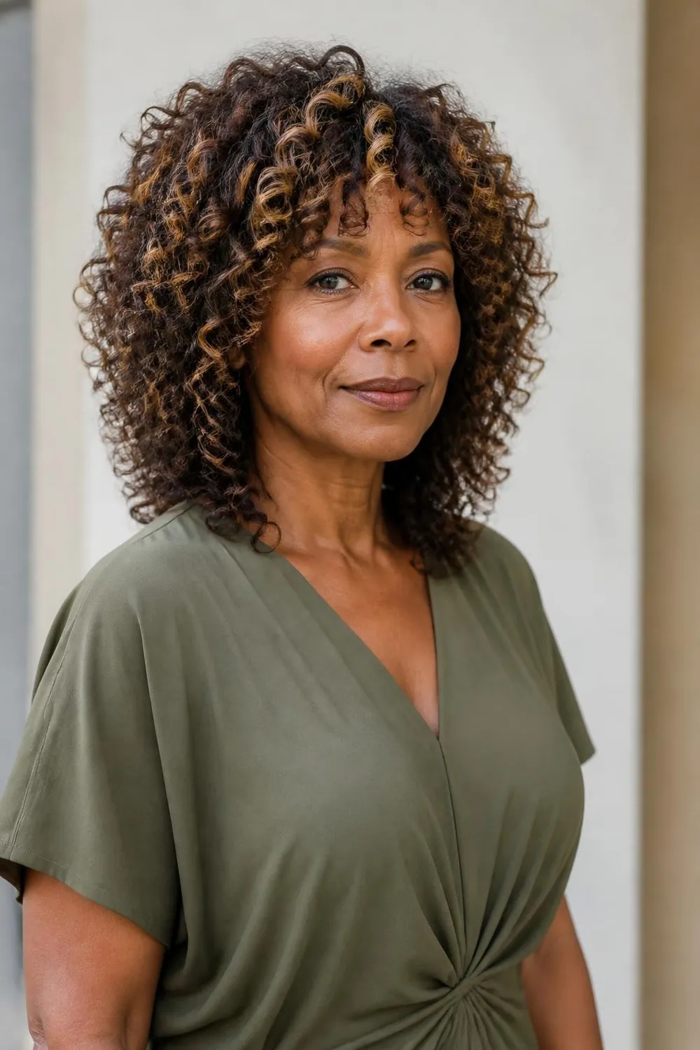 Medium curly shag with a stacked crown on 3C curls for a woman in her 50s