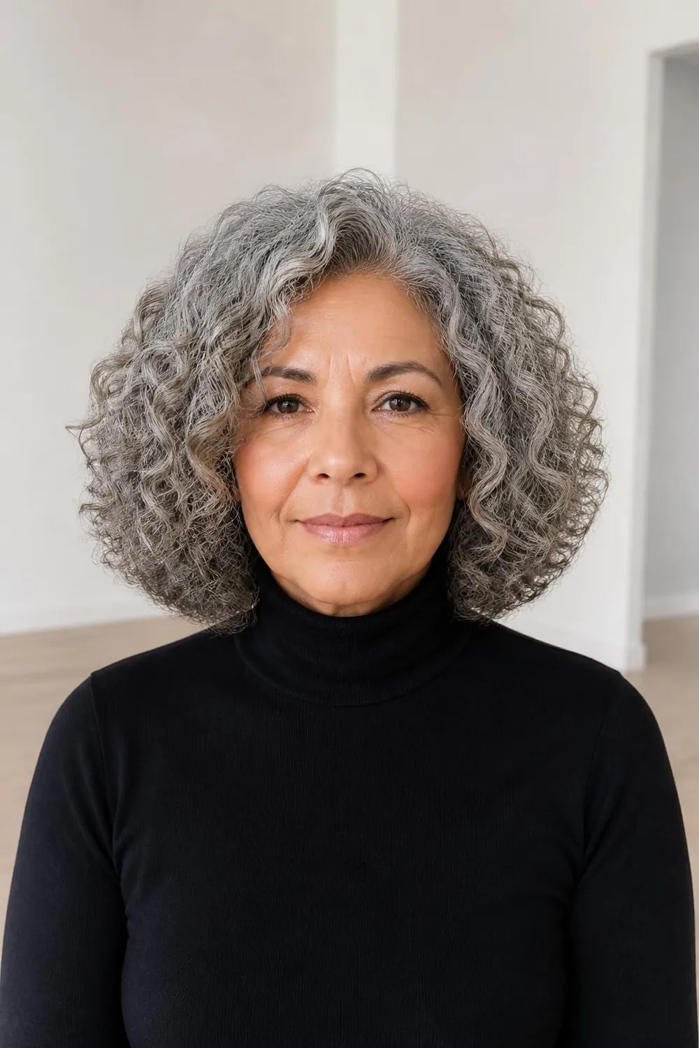 Silver corkscrew curls in a rounded shoulder-length cut on a woman over 50