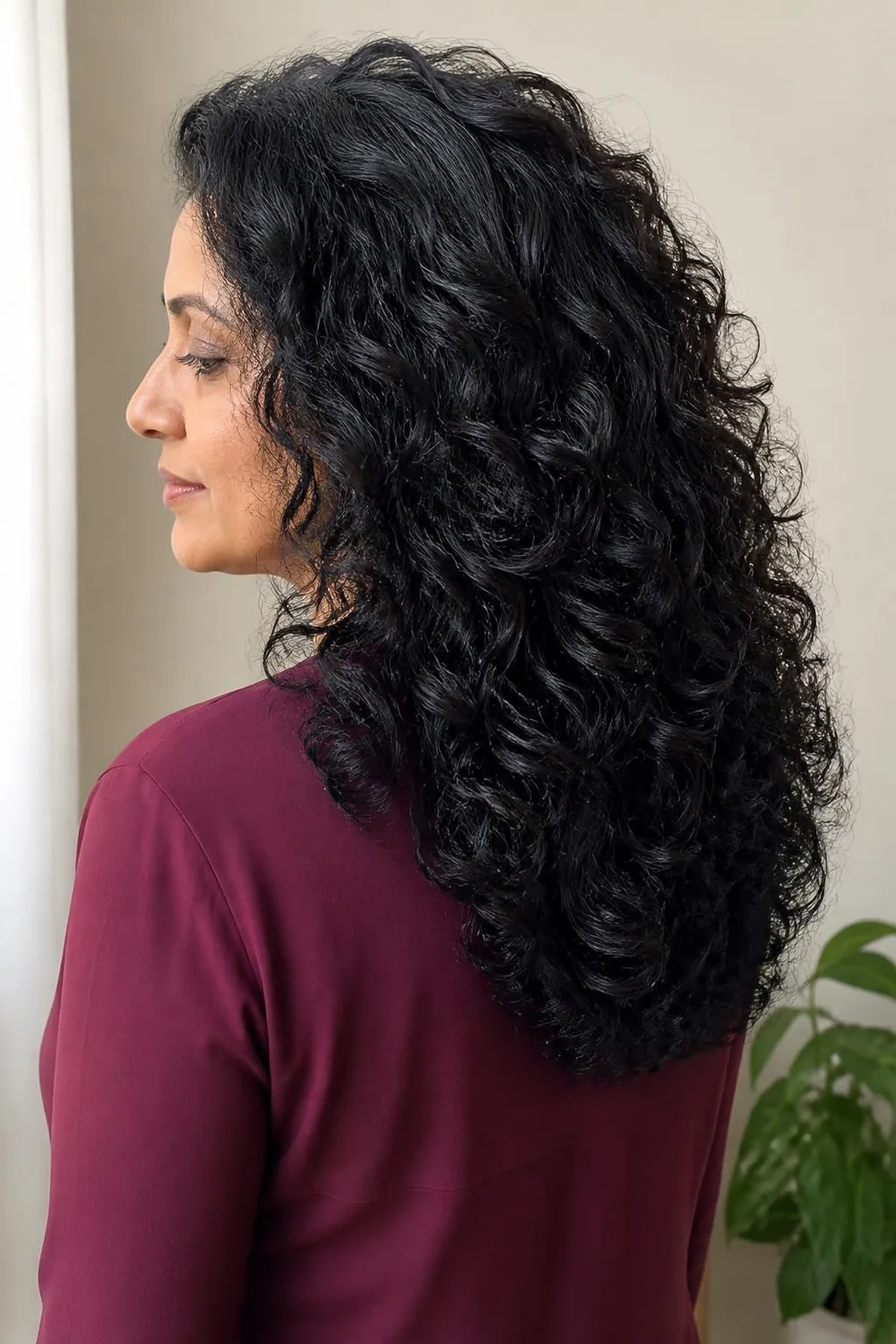 Long thick curly hair with layers and a rounded hem on a woman in her 50s