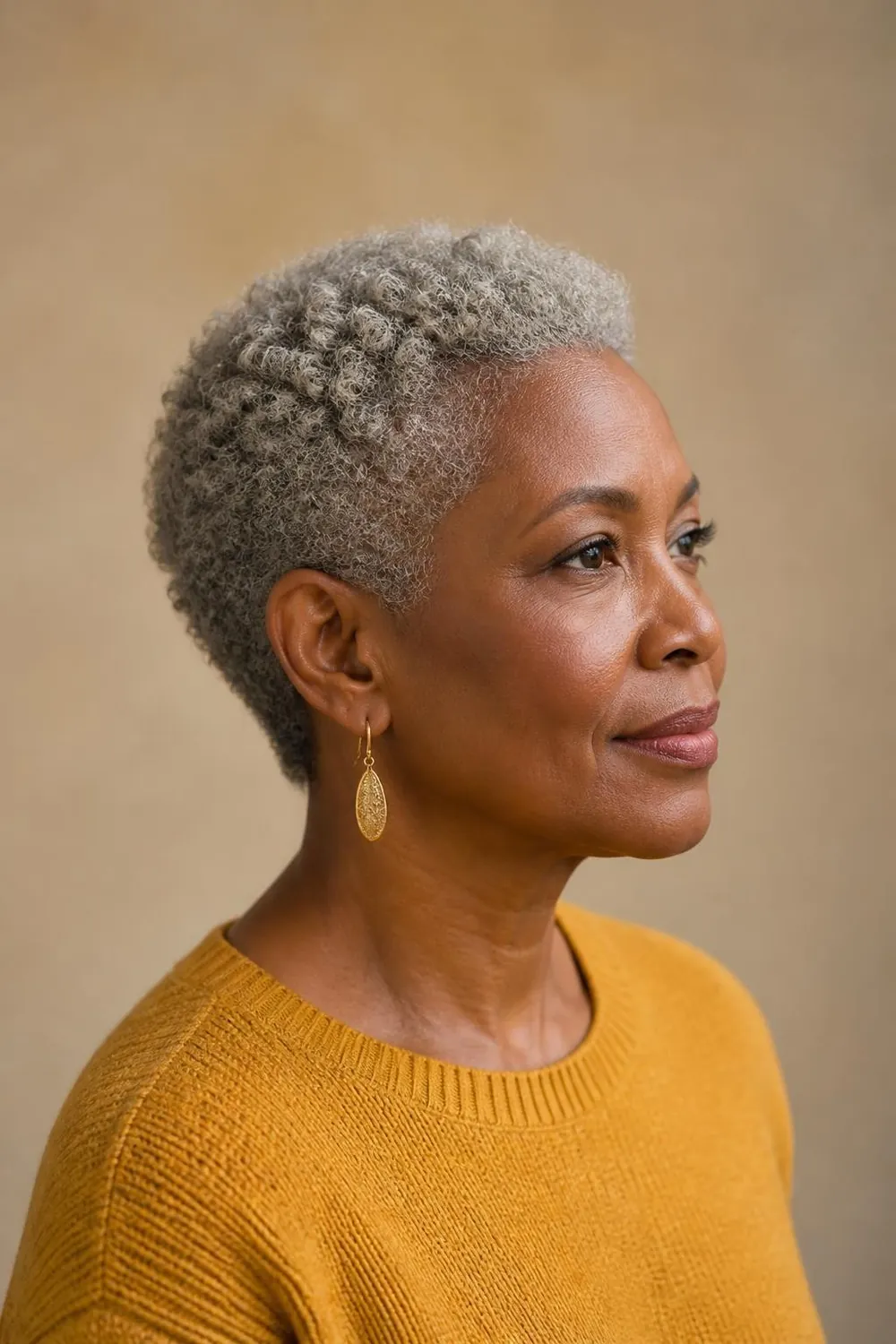 Close-cropped silver 4C coils on a Black woman in her 50s