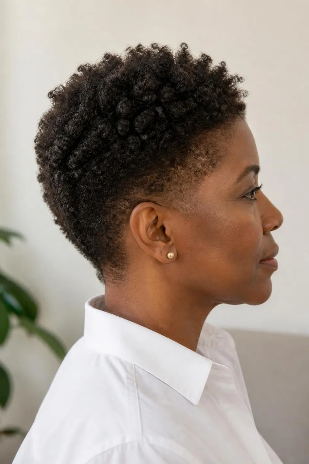 Tapered teeny weeny afro with defined 4B coils on a woman over 50