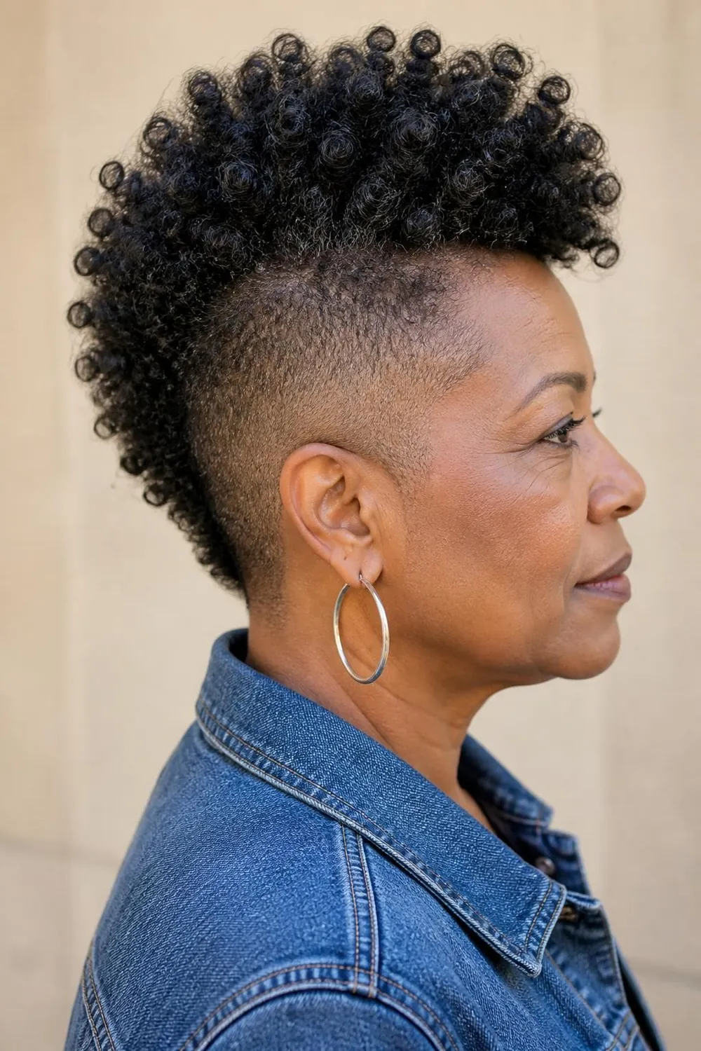 Curly frohawk with tapered sides on 4B hair for a woman over 50