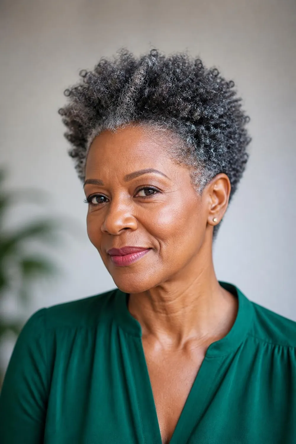 Medium tapered afro with height at the crown on 4B coils, woman in her 50s