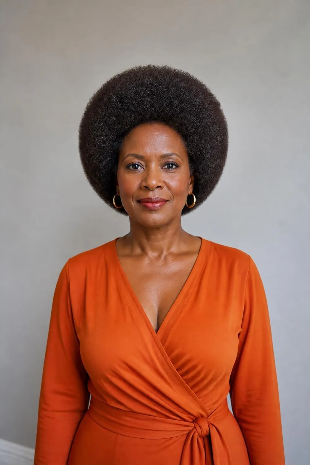 Carved round afro with a smooth sculpted outline on 4C hair, woman over 50