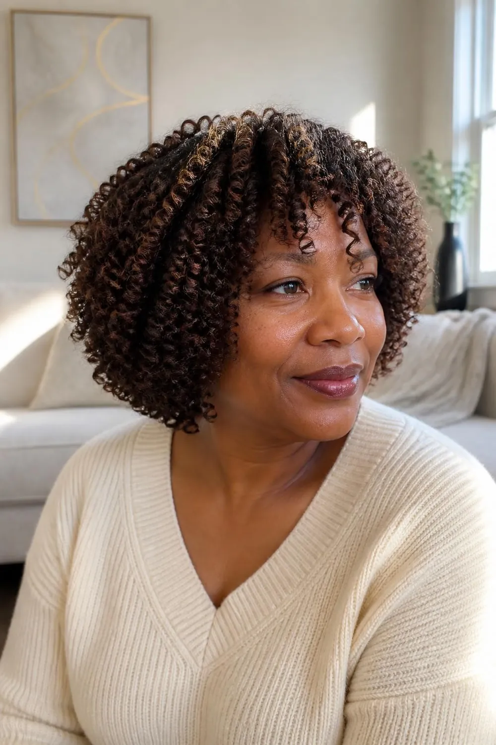 Chin-length coily bob styled in a full twist-out on 4A hair, woman in her 50s