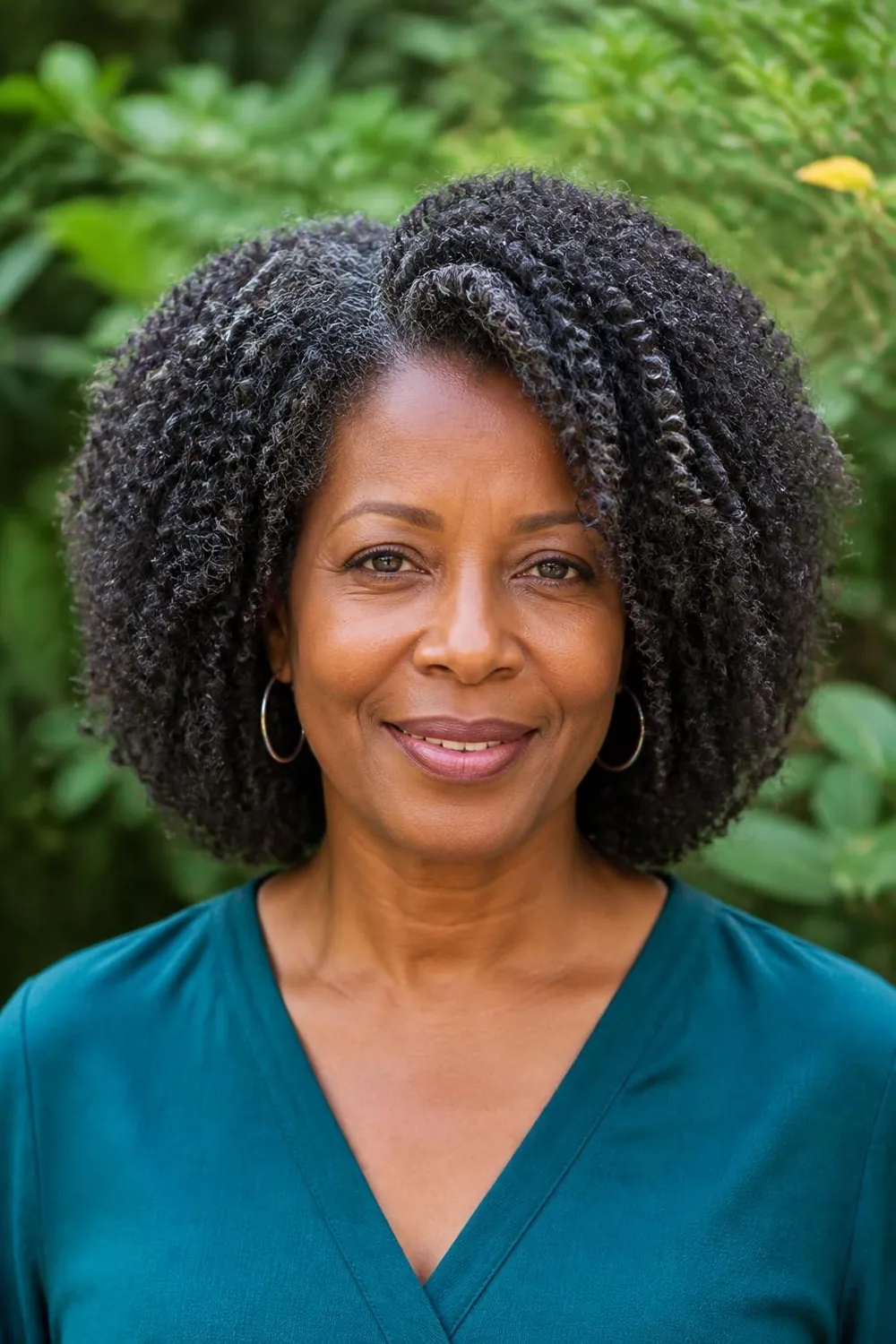 Shoulder-length layered coils cut for shrinkage on 4A and 4B hair, woman over 50