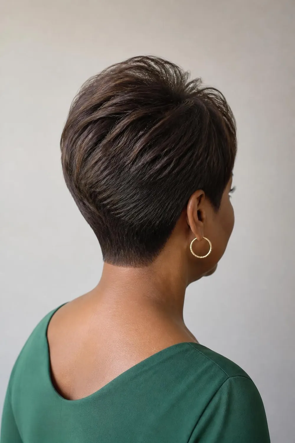 Short crop with a tapered neckline and soft top for fine hair over 50