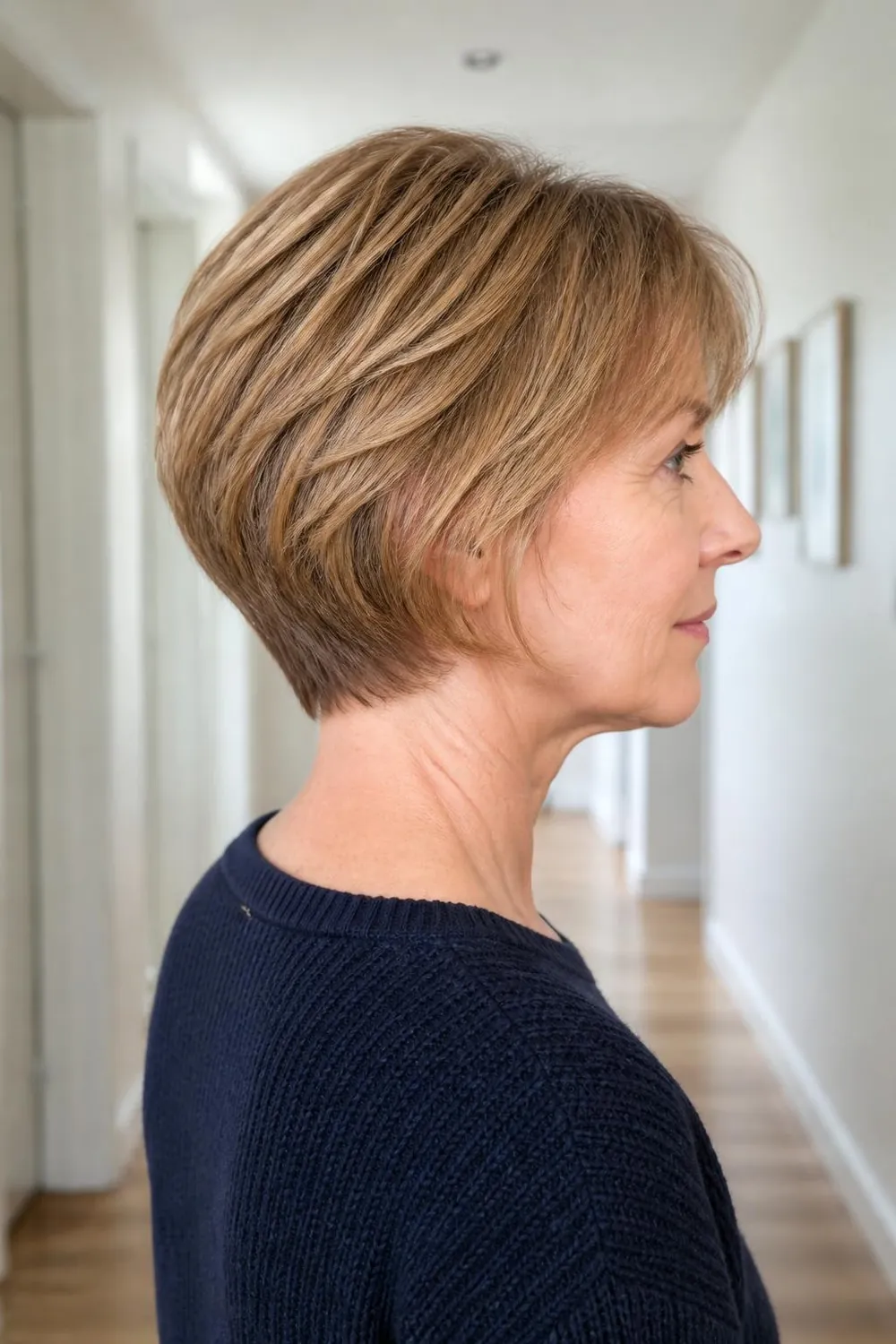 Classic short wedge haircut with a stacked back that builds a full crown on fine hair