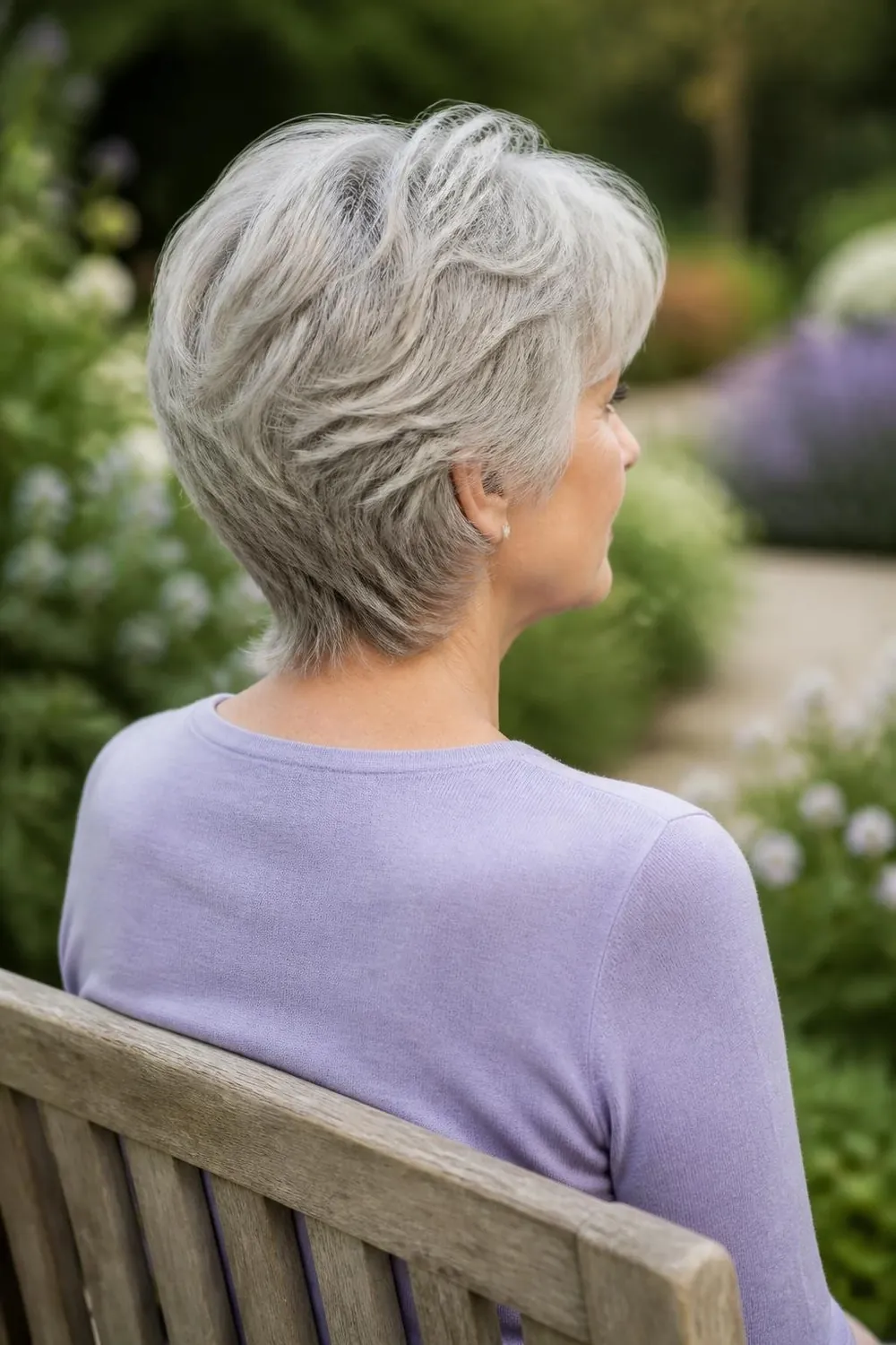 Short layered cut with a soft feathered nape on fine gray hair