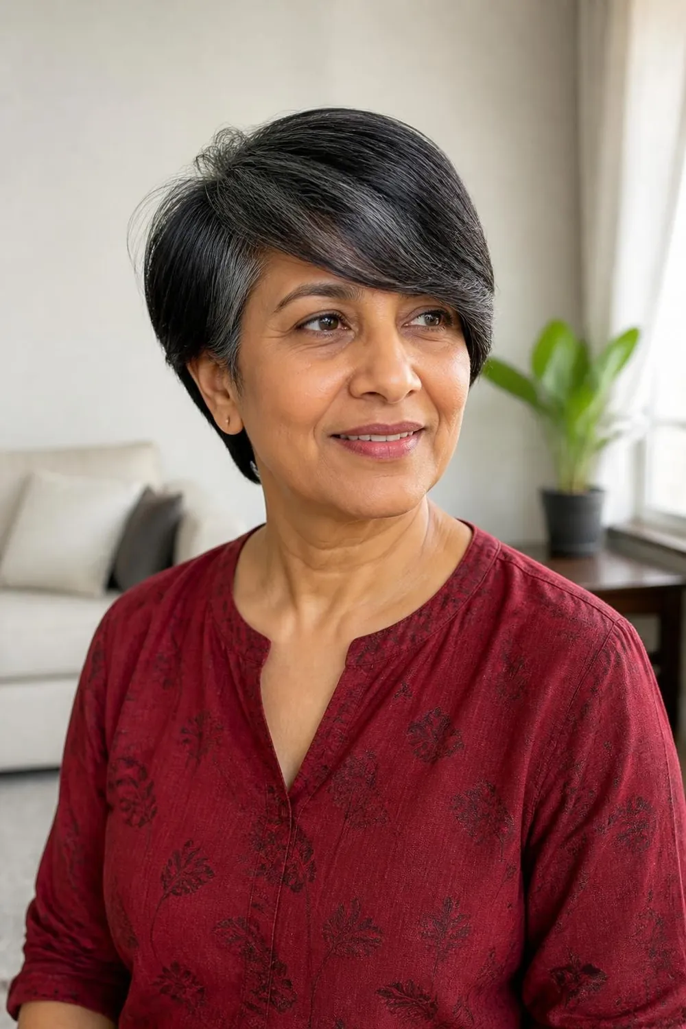 Short cut with a long swoop bang across the forehead for women over 50