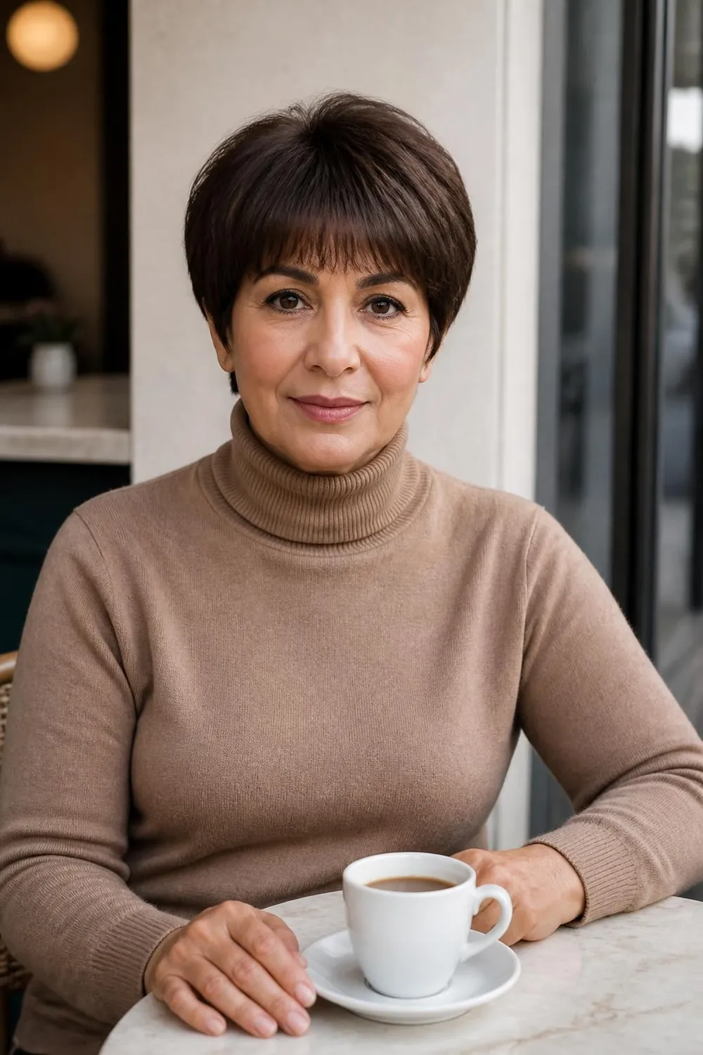 Rounded pixie with a full soft fringe on fine hair for women over 50