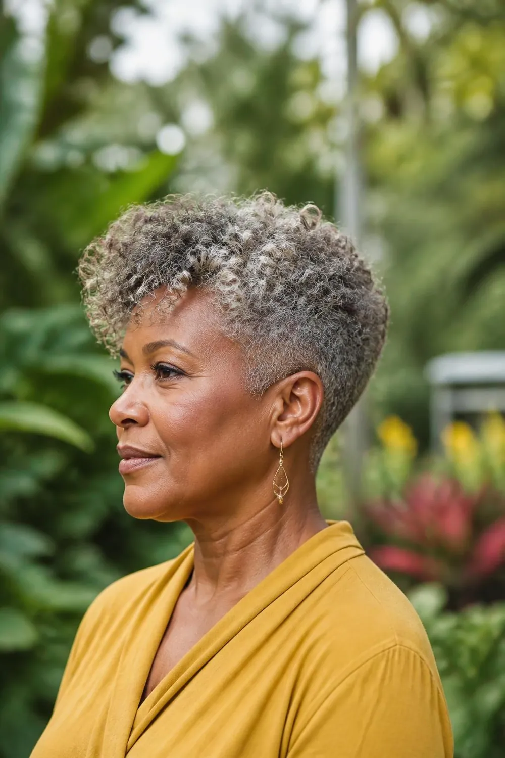 Short silver coils with a tapered back on fine natural hair over 50