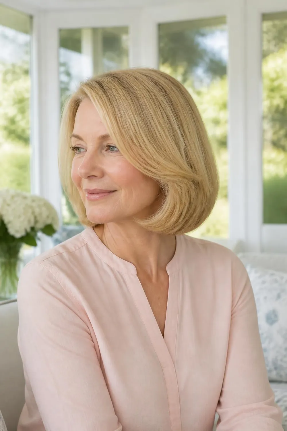 Soft A-line bob with a rounded crown for women over 50 with fine hair