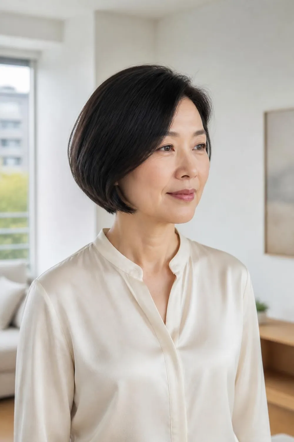 Nape-length bob with a side part on fine straight hair over 50