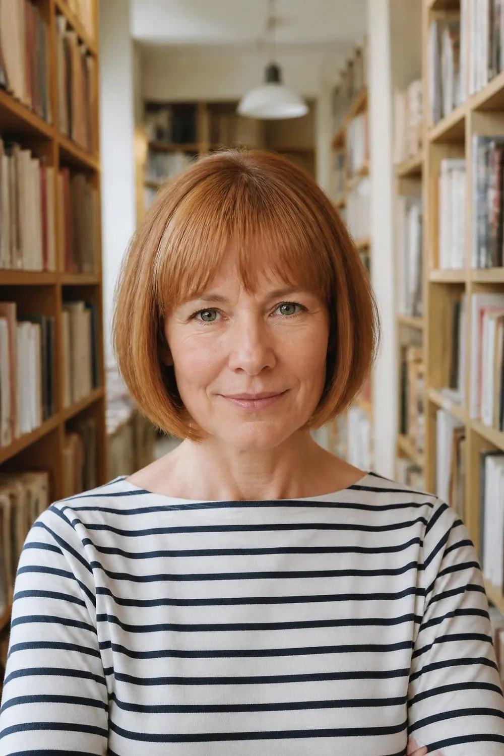 Classic chin-length bob with soft brow-length bangs for fine hair over 50