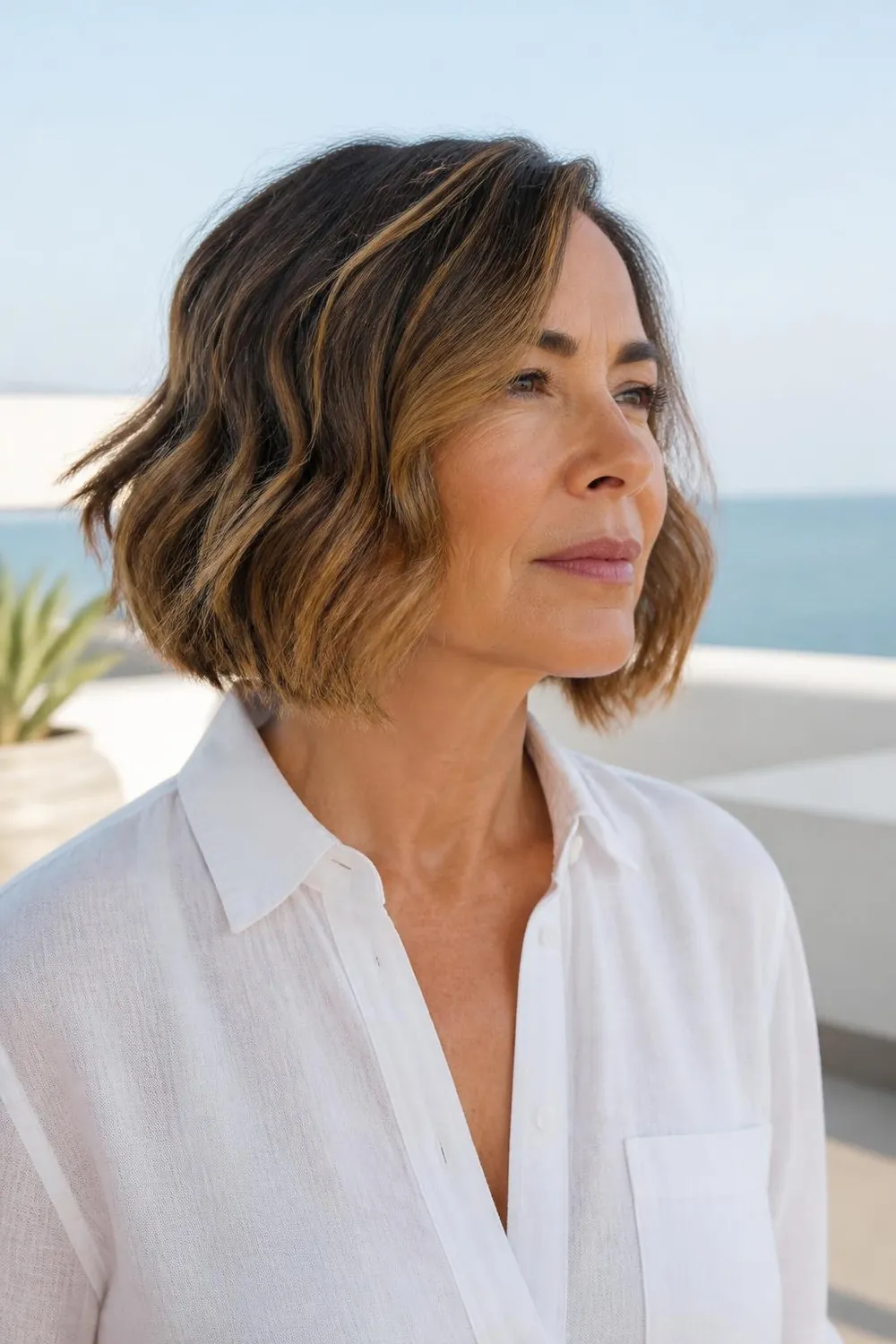 Beach-wave bob with tousled bends on fine hair for women in their 50s