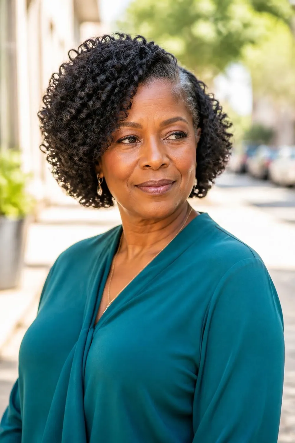 Soft curly bob parted to one side for fine curly hair over 50