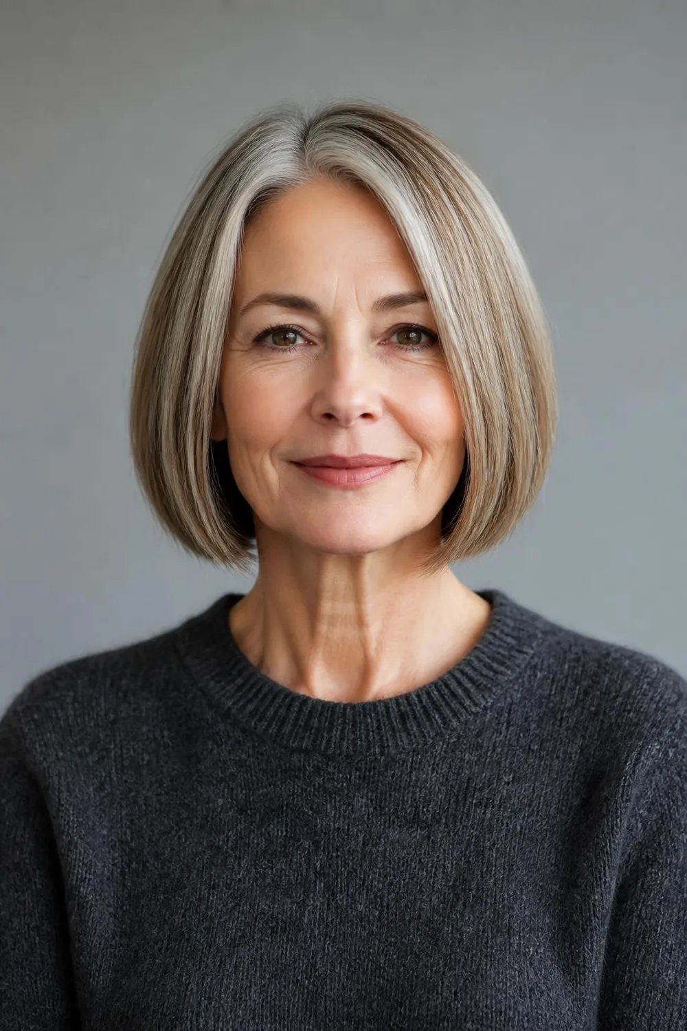 Gray-blended bob with soft lowlights adding depth to fine silver hair
