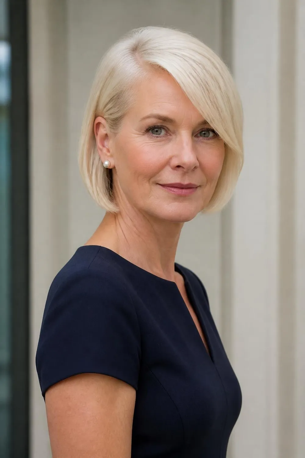 Tucked bob with a side-swept front on fine straight hair over 50