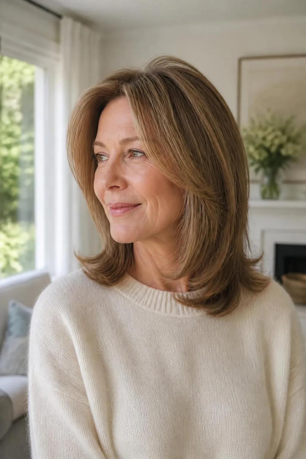 Shoulder-length layers with a round-brush blowout on fine hair over 50