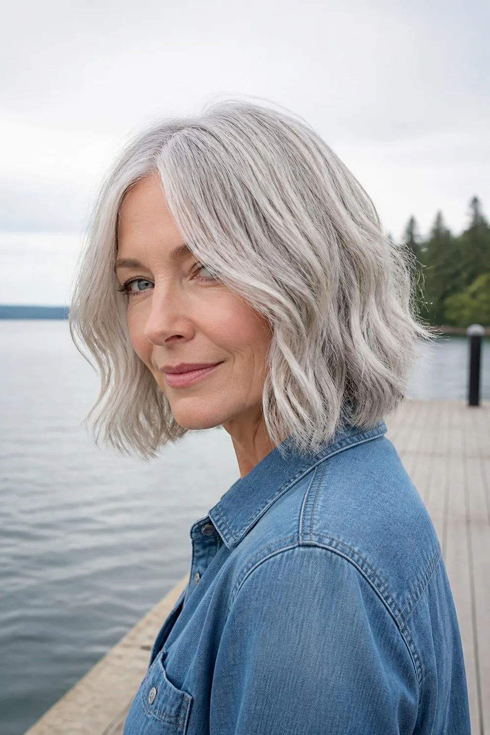 Silver lob with loose waves on fine gray hair for women in their 50s