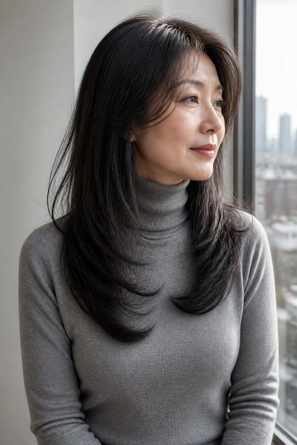 Long fine hair with hidden ghost layers for soft movement on a woman over 50