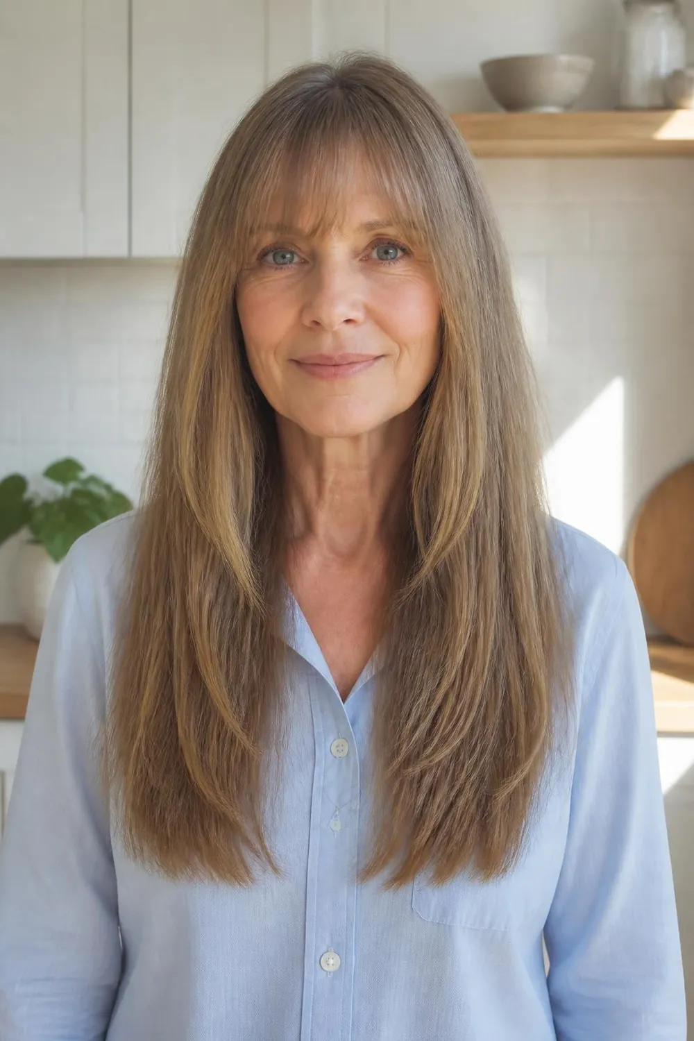 Long straight hair with light see-through bangs at the brows on a woman in her 50s