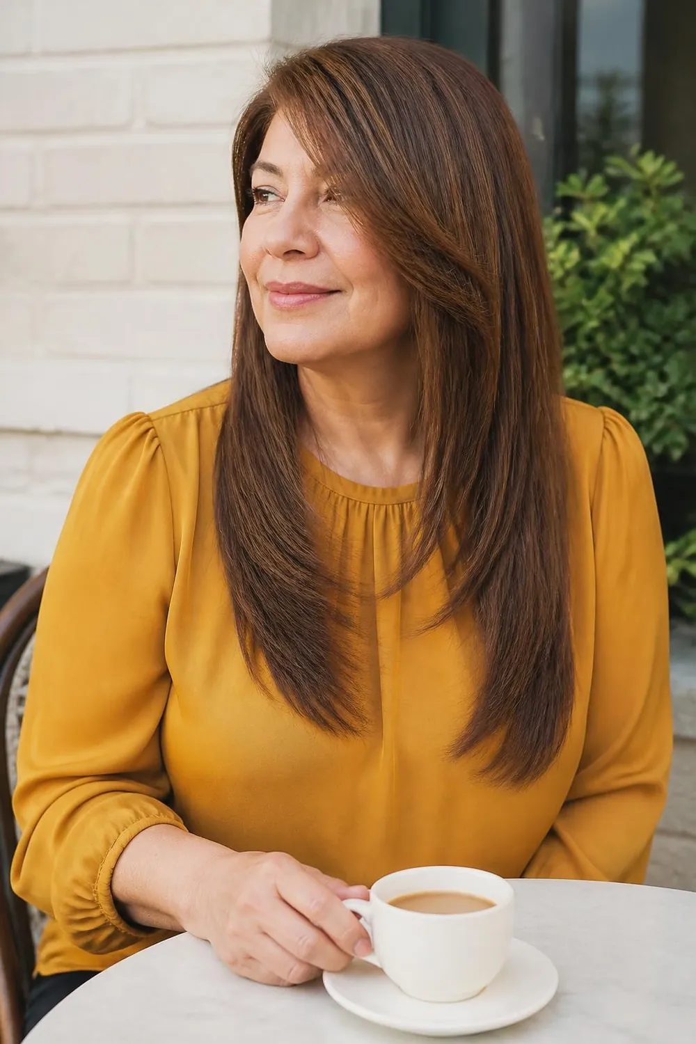 Long layers with a deep side part on a woman over 50 with thin hair