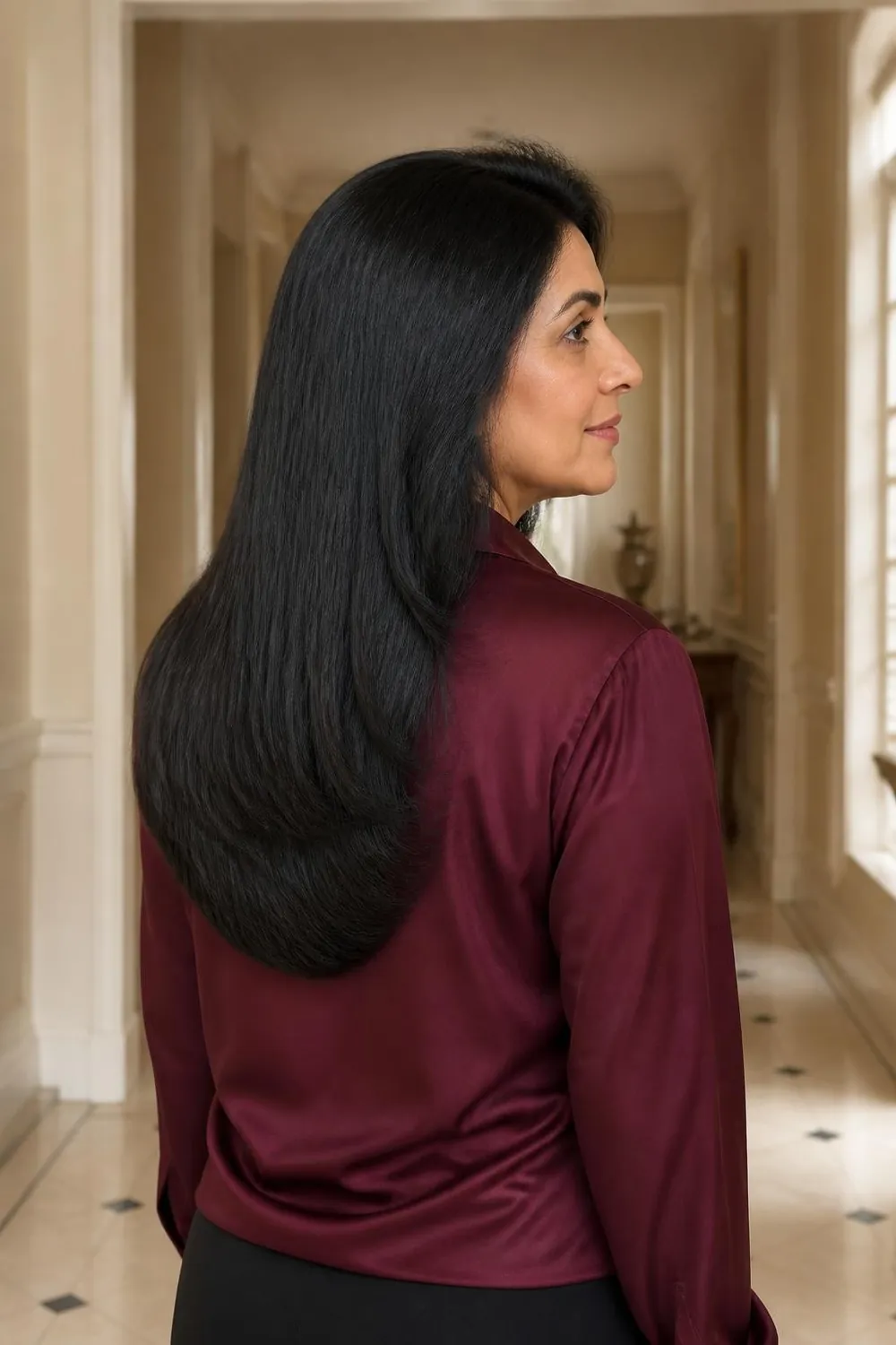 Long straight hair with U-shaped layers and a polished blowout on a woman in her 50s
