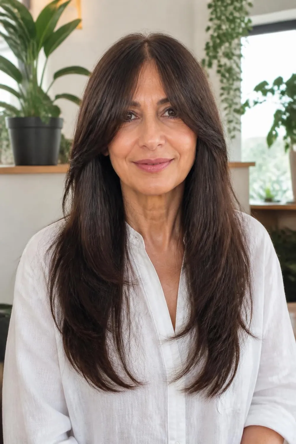 Long curtain bangs sweeping to the cheekbones on straight hair for a woman over 50