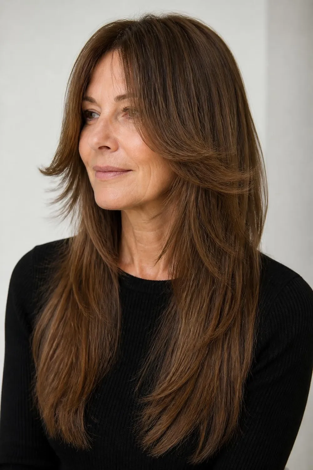 Butterfly cut with short crown layers and long length on straight hair, woman in her 50s