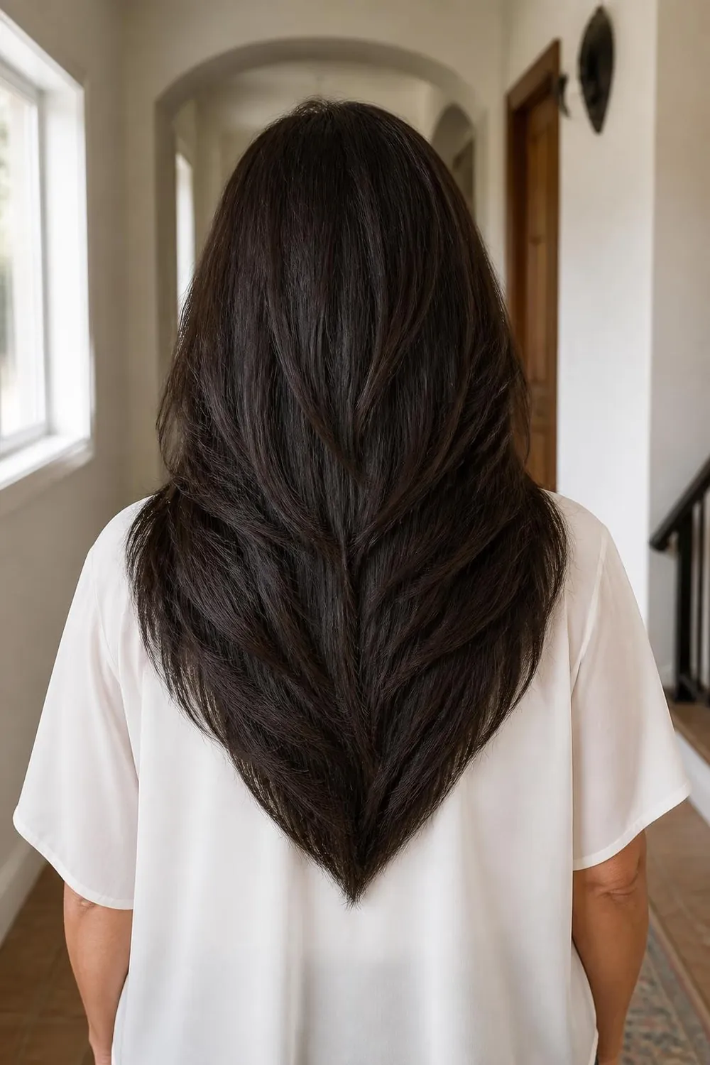 Long thick hair in a V-cut with tapered ends seen from behind, woman in her 50s