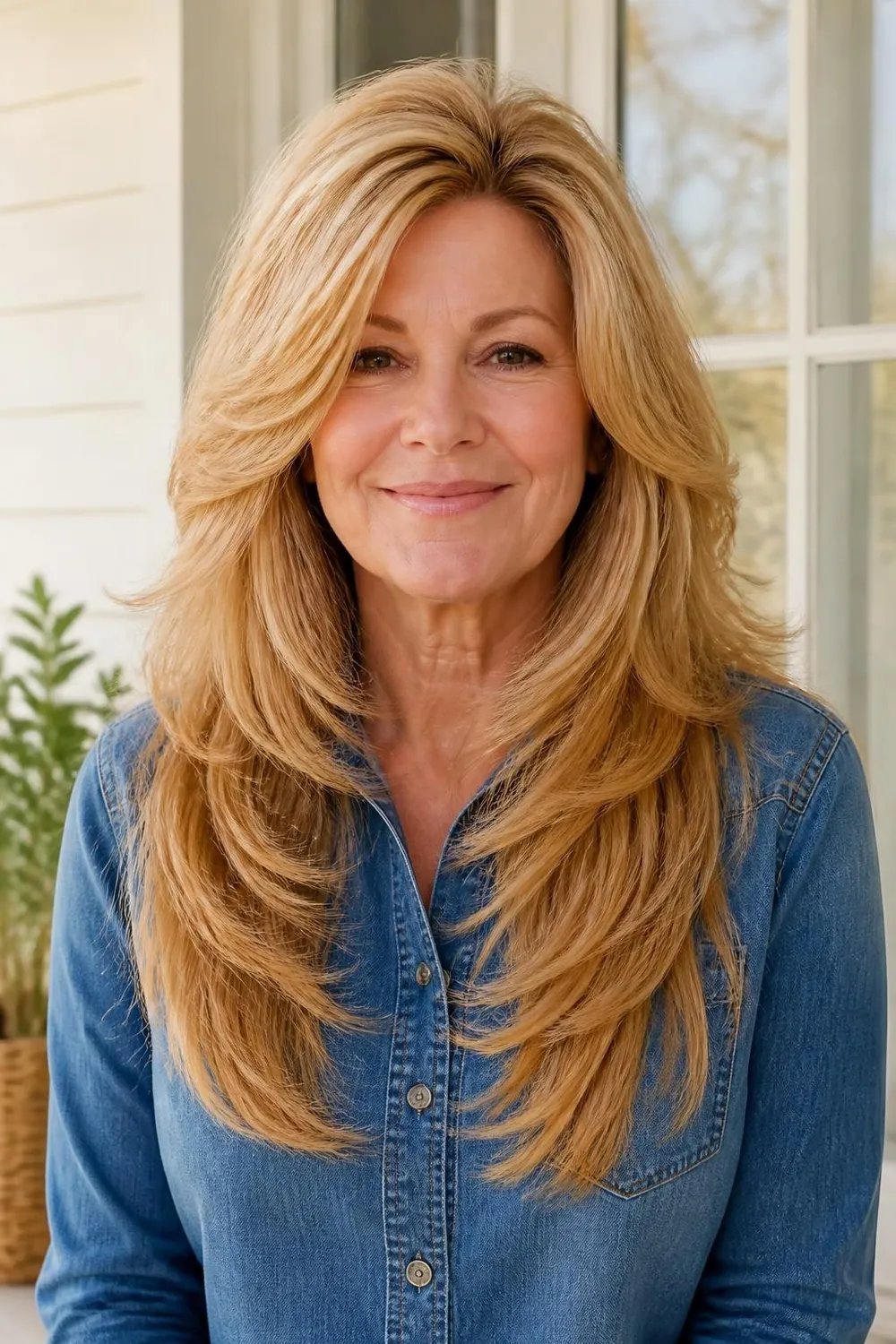 Long feathered layers brushed away from the face on thick hair, woman in her 50s