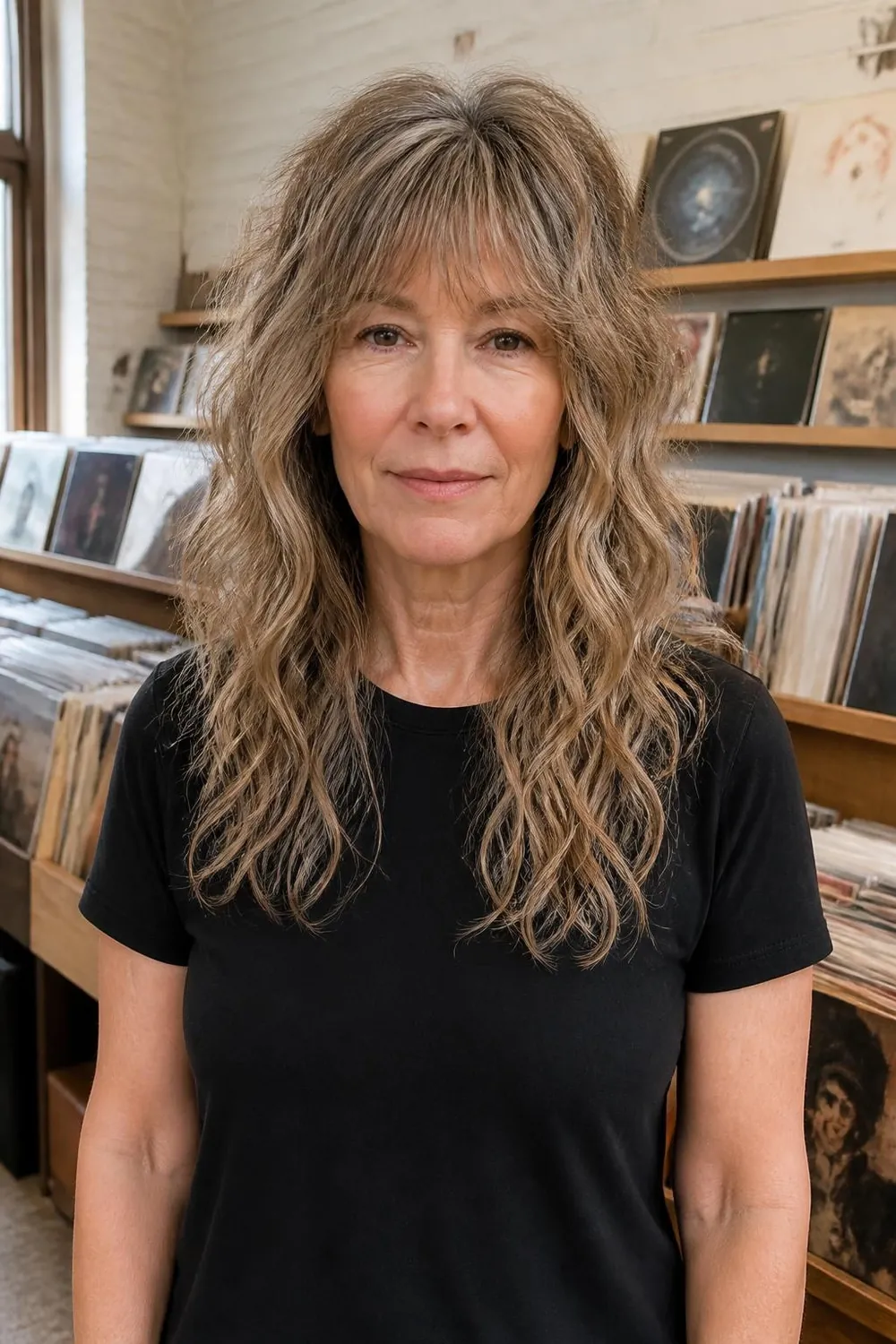 Long wavy shag with choppy layers and bangs on a woman over 50