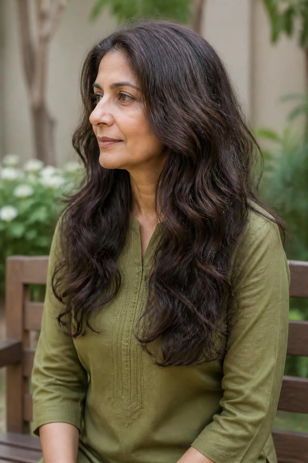 Long wavy hair with layers cut for air-drying on a woman in her 50s