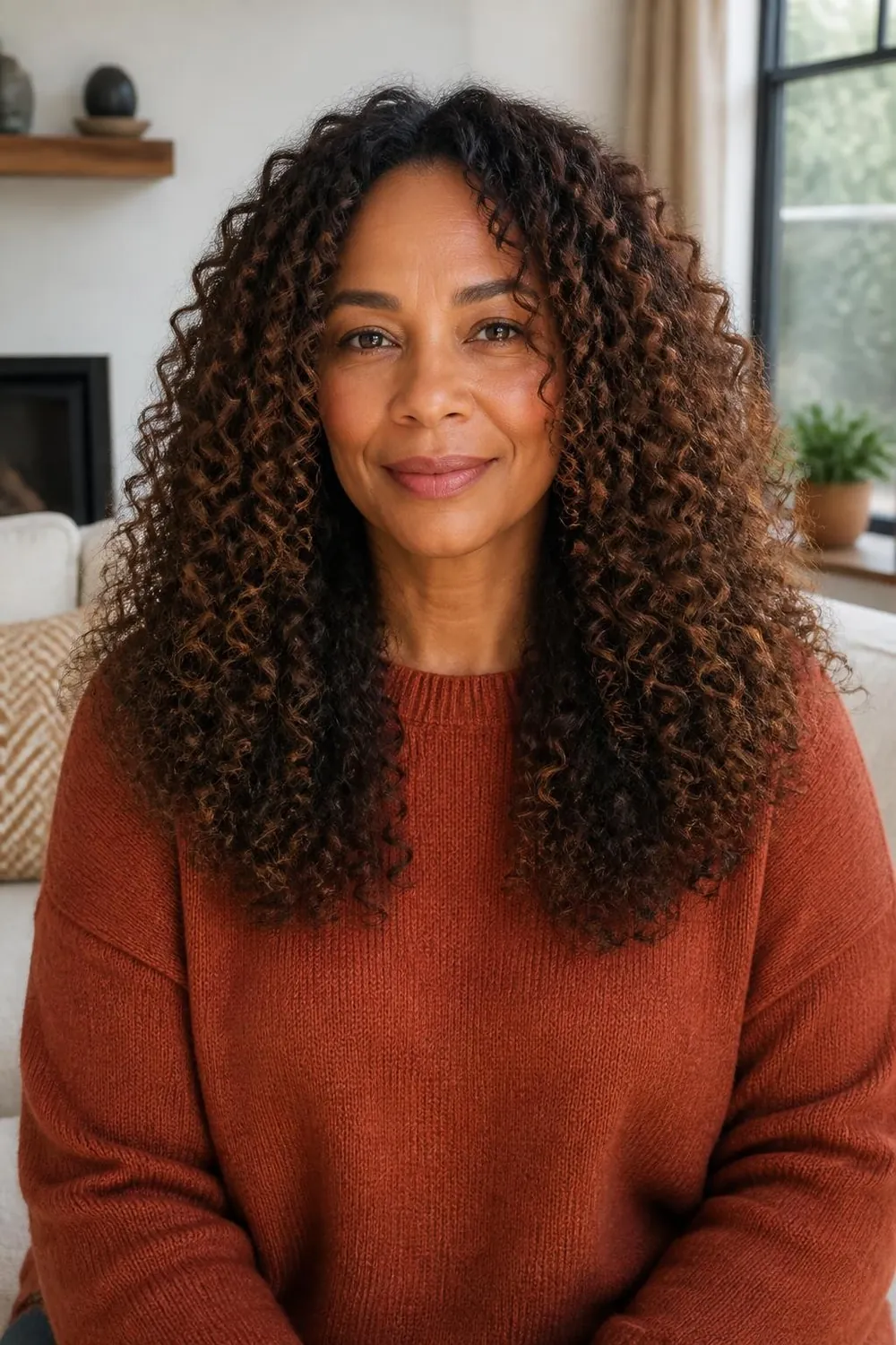 Long 3B spiral curls with face-framing ringlets on a woman in her 50s