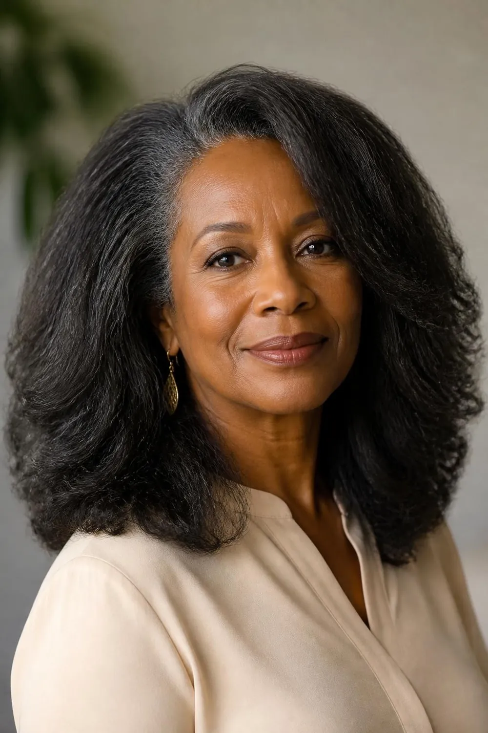 Long stretched 4A coils in a layered shape on a Black woman over 50