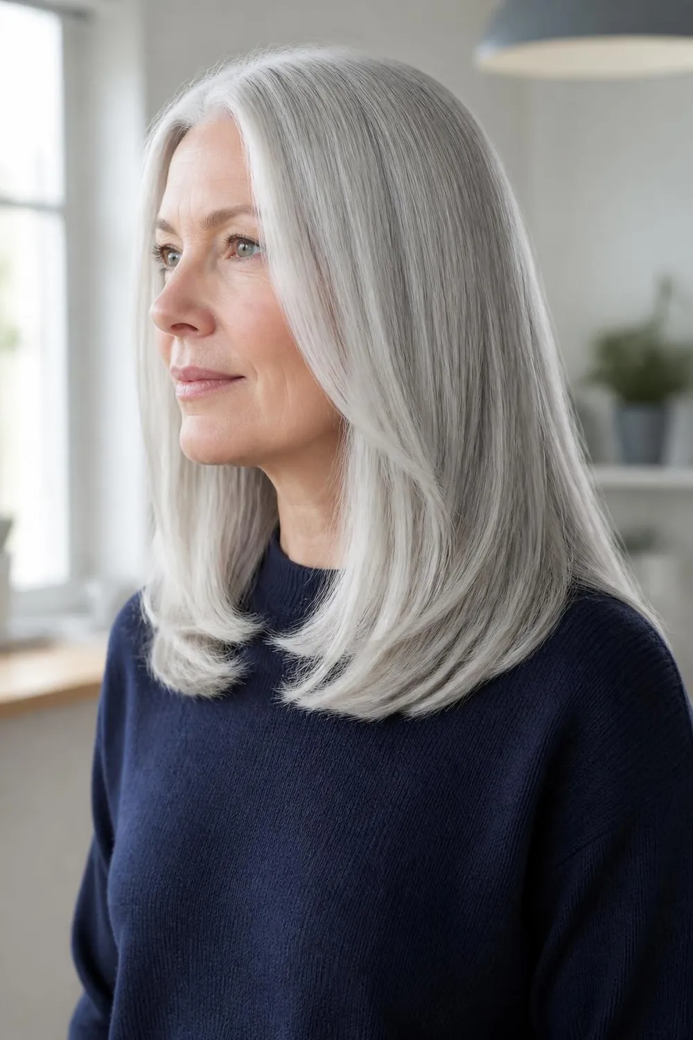Long silver hair with a polished hem below the shoulders on a woman in her 50s