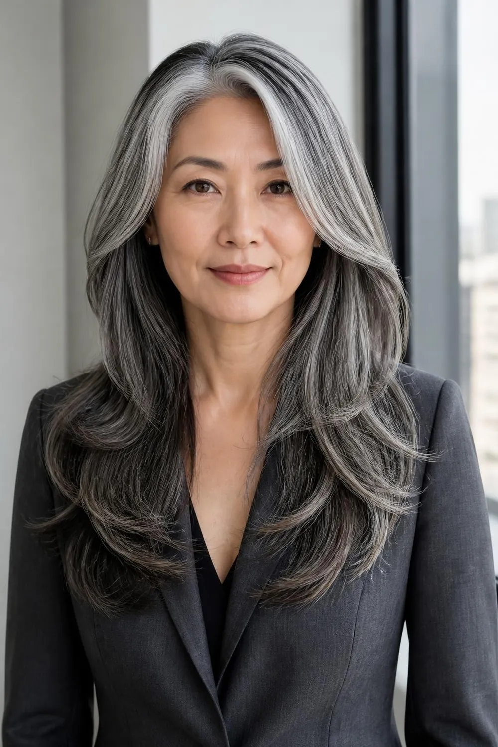 Long layered salt-and-pepper hair on a woman over 50 growing out her gray